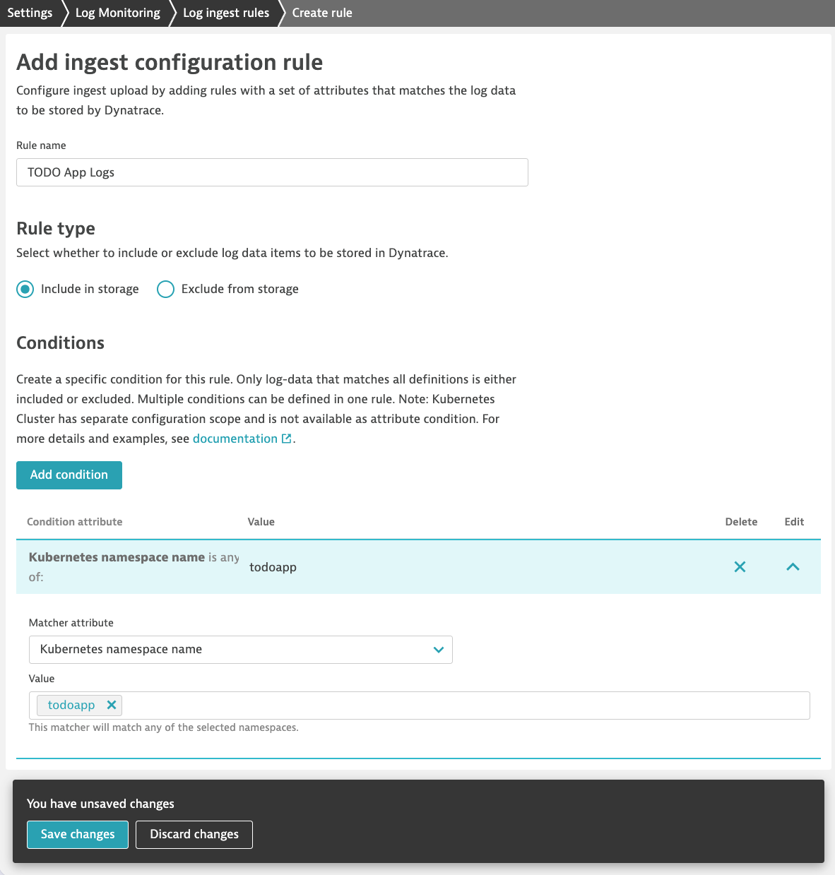 Settings Log Ingest Todoapp