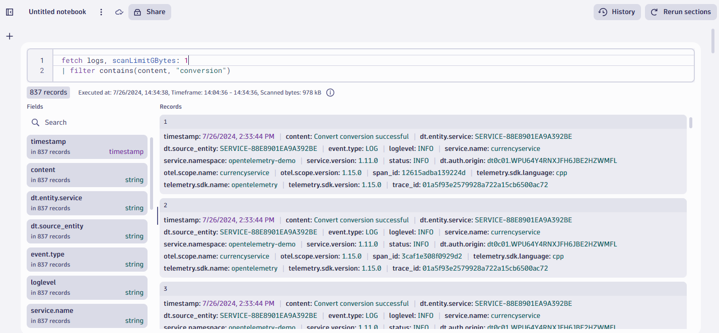 dynatrace: notebook logs query