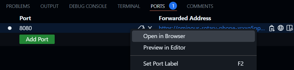 ports tab: open in browser